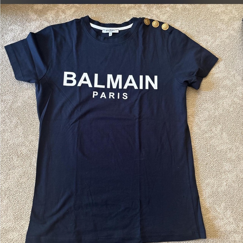Balmain Navy Tee with White Logo and Gold Buttons
